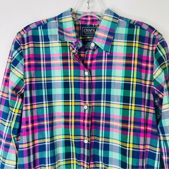 Chaps pink blue green plaid preppy coastal button front top large - Picture 2 of 6